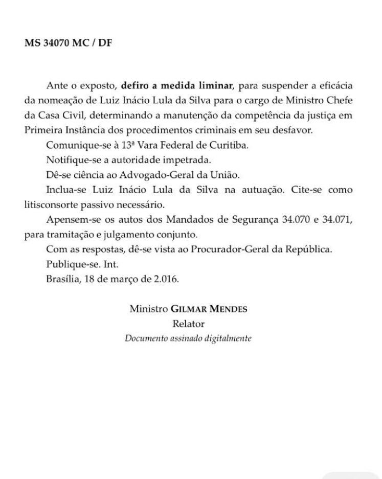 Decisão de Gilmar Mendes que suspende nomeação de Lula