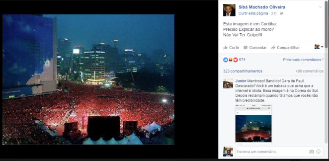 Post de Sibá Machado mostrando "a manifestação em Curitiba"