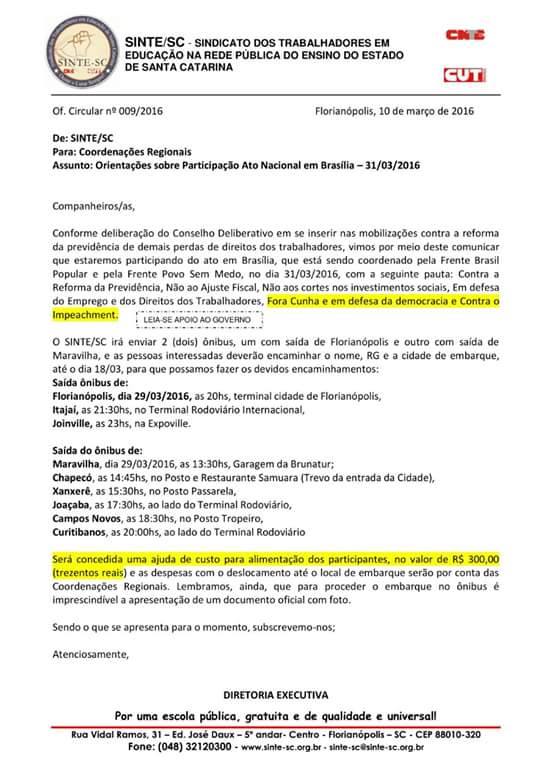Circular do SINTE/SC oferece ônibus + 300 reais para quem quiser defender o PT
