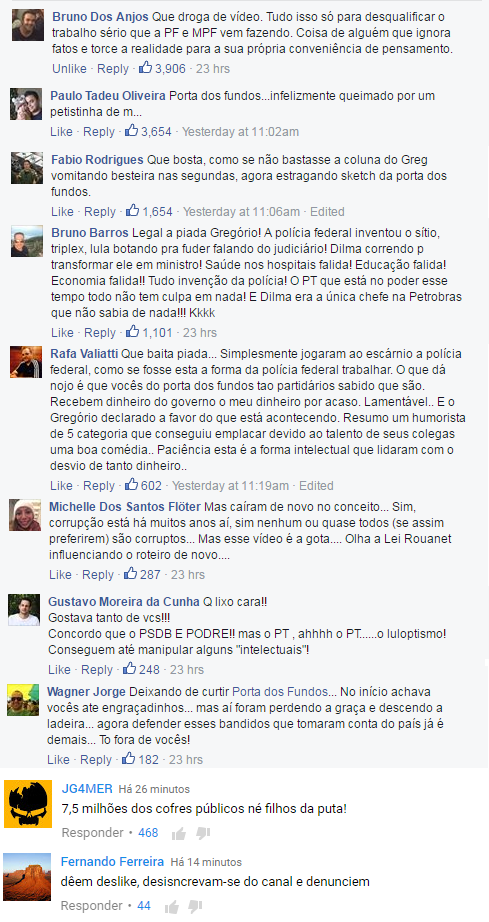 Comentários nas redes sociais sobre o vídeo do Porta dos Fundos