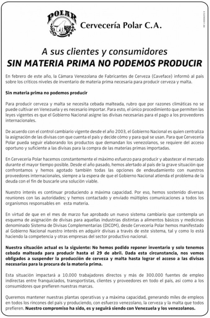 Comunicado oficial da cervejaria Polar