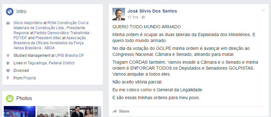 Presidente do PDT/DF conclama a esquerda a invadir o Congresso para matar os políticos a favor do impeachment