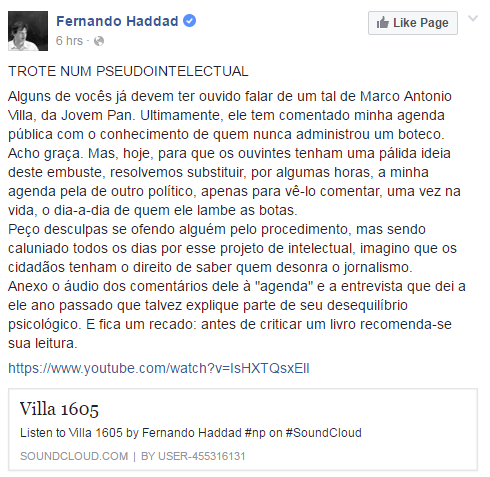 Haddad se vangolia de ter fraudado agenda oficial da prefeitura para "passar trote"