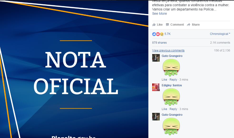 Militantes de esquerda promovem "vomitaço" contra nota de Temer que repudia o estupro e anuncia medidas para combatê-lo