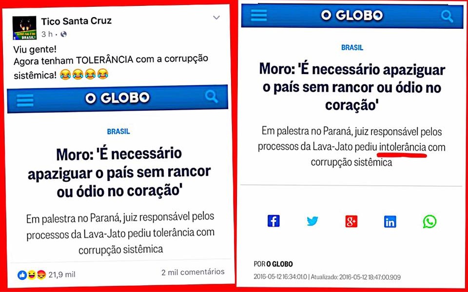 Tico Santa Cruz e a manipulação de manchetes. Fonte: Socialista de iPhone