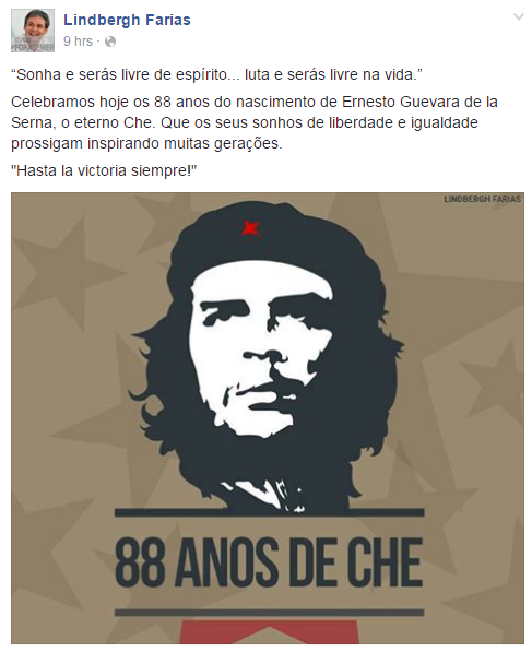 Post de Lindbergh no Facebook em que apoia o assassino homofóbico e racista Che Guevara
