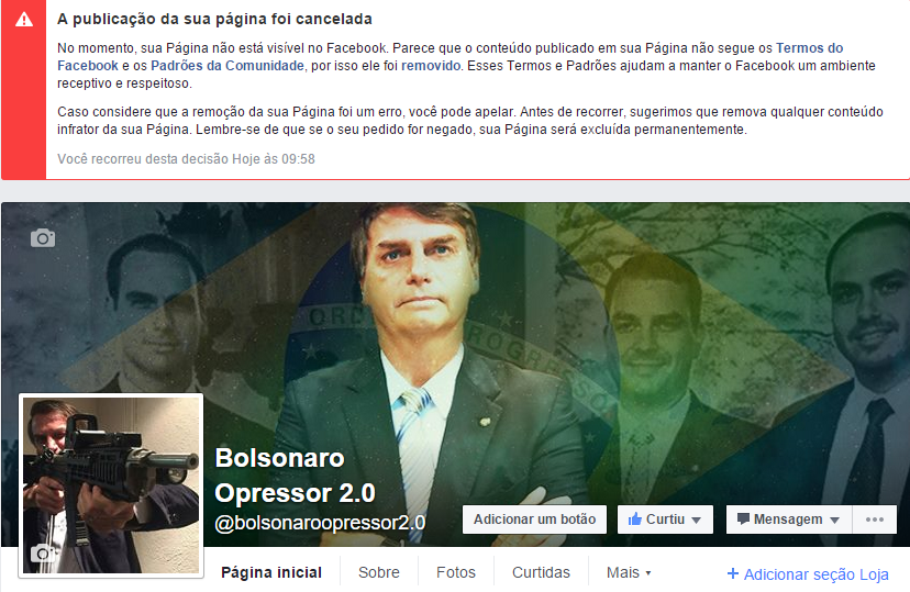 Mensagem enviada pelo Facebook a diversas páginas anti-esquerda