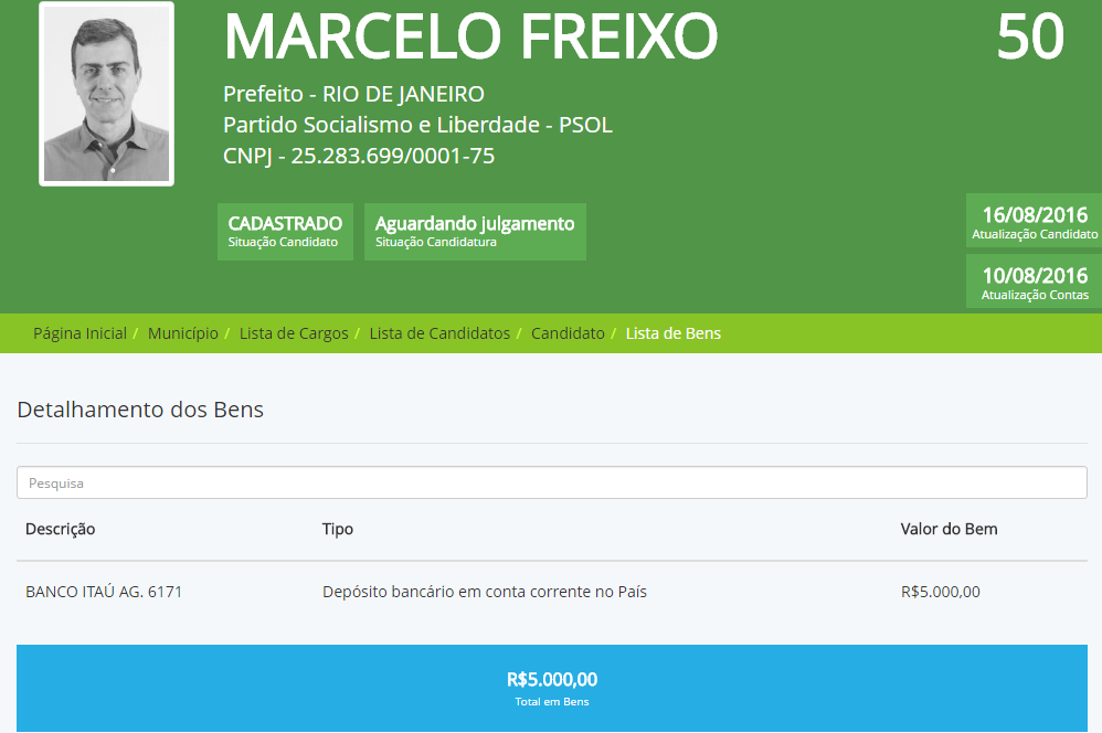 Declaração de bens de Marcelo Freixo em 2016. Fonte: TSE