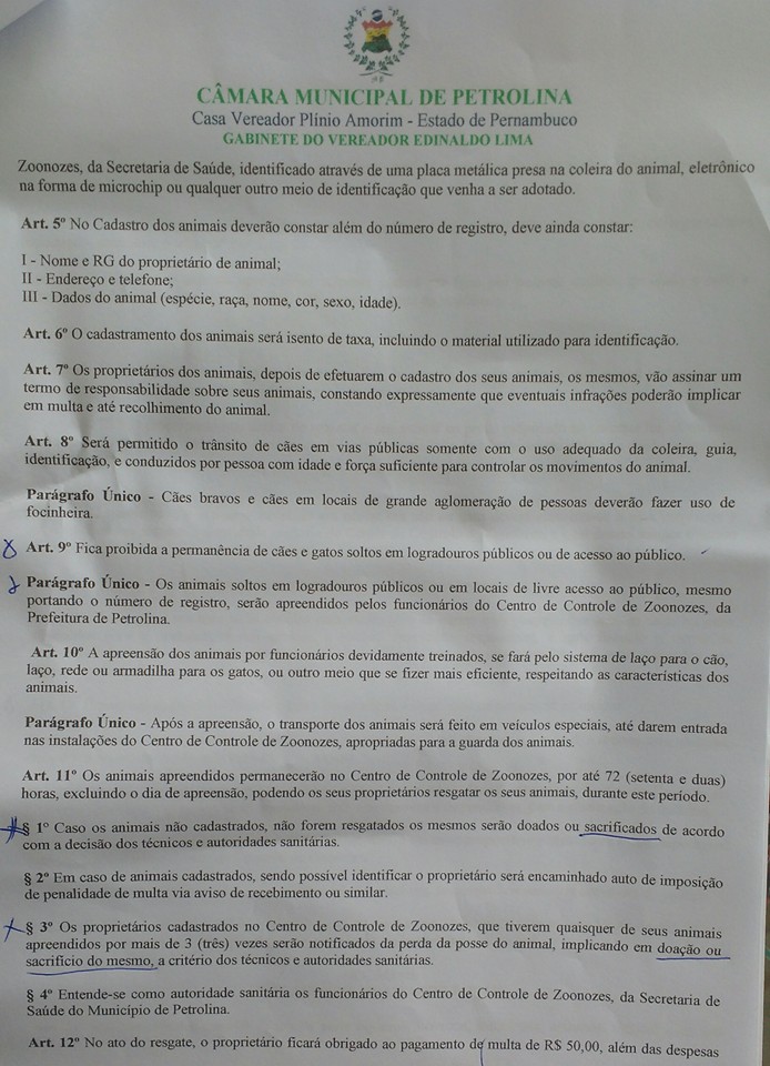 Trecho do PL 070/06 que autoriza a morte dos animais capturados pela prefeitura e não resgatados em 72 horas