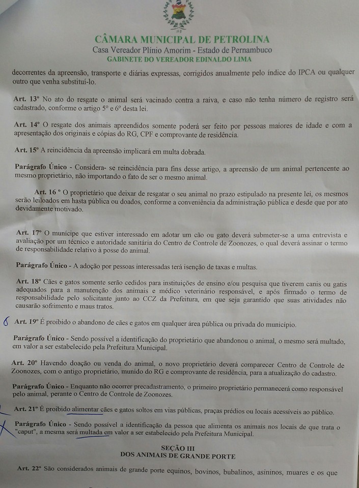 Trecho do PL 070/06 que estabelece a proibição de alimentar animais de rua e multa para quem o fizer