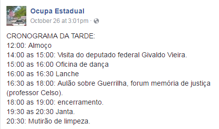 Página "Ocupa Estadual" mostra "aulão de guerrilha" e visita de deputado federal petista em cronograma