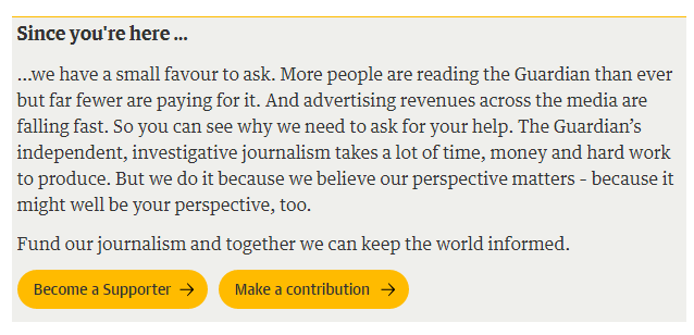 Nota no site do The Guardian pede para visitantes apoiarem o "jornalismo independente e investigativo"