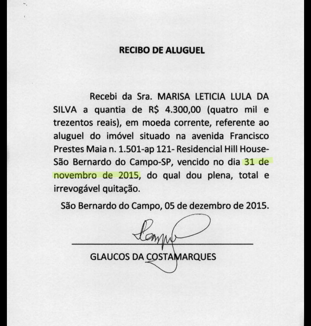 Recibos apresentados pela defesa de Lula possuem datas de vencimento do suposto aluguel que não existem