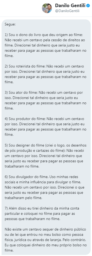 Mensagem de Danilo Gentili enviada por meio do Twitter ao ILISP. Divulgada com autorização do apresentador