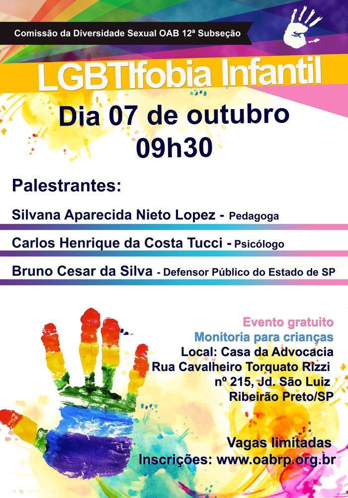 Cartaz do evento sobre "LGBTIfobia Infantil" na Ordem dos Advogados do Brasil