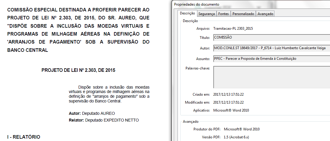 Propriedades do arquivo PDF do parecer mostram que ele foi redigido por Luiz Humberto Cavalcante Veiga, ex-funcionário do Banco Central